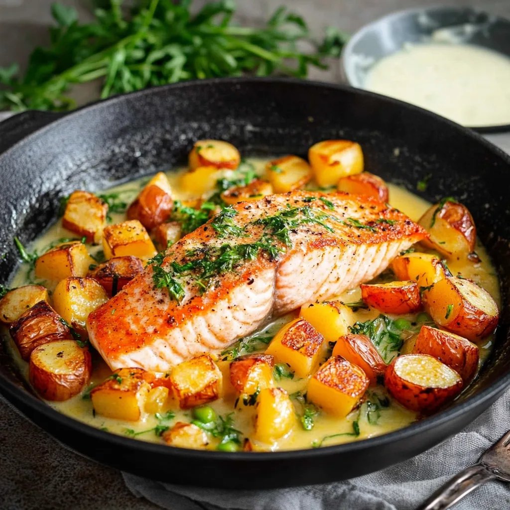 Lachs in Dillsoße mit Röstkartoffeln