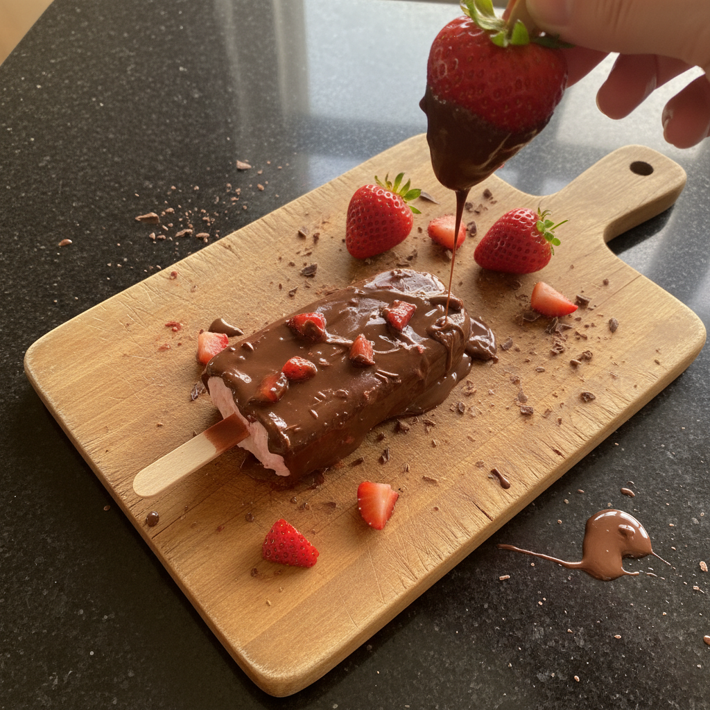 Schokoladenüberzogene Erdbeer Eis am Stiel